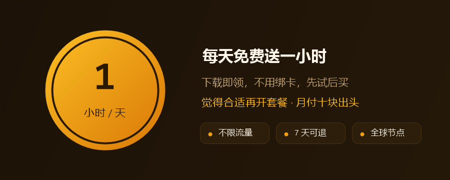 每天试用一小时加速器每日免费一小时标识，橙色圆牌上标着每天送 1 小时免费时长